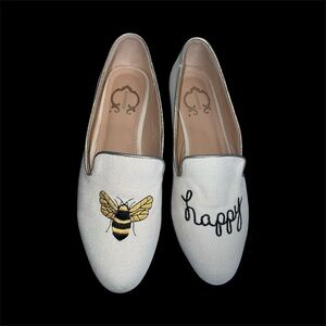 C. Wonder Cream Loafers with Bee and Script Embroidery